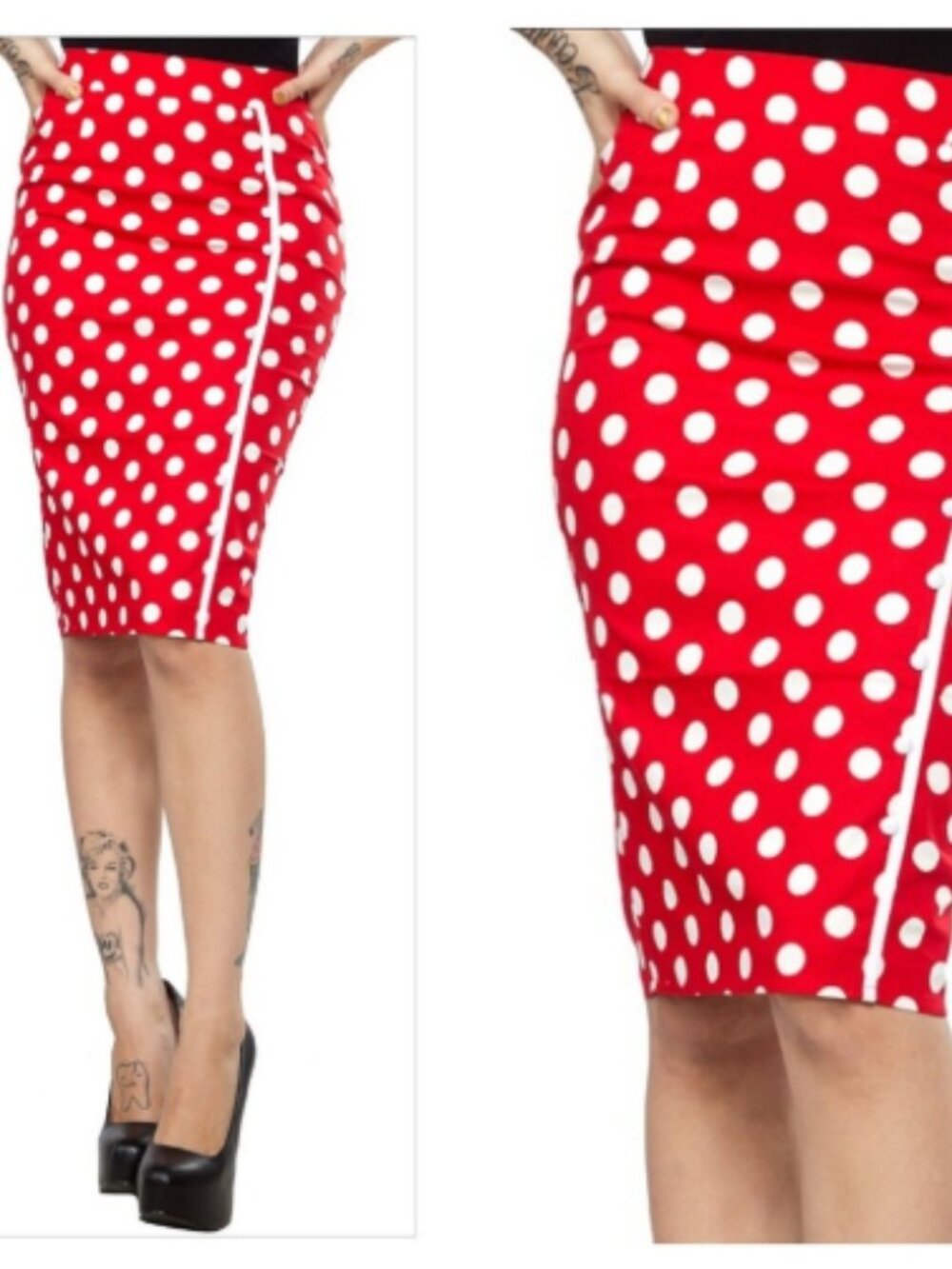 Sourpuss Bombshell Pencil Skirt • Size L Red & White Polka Dot